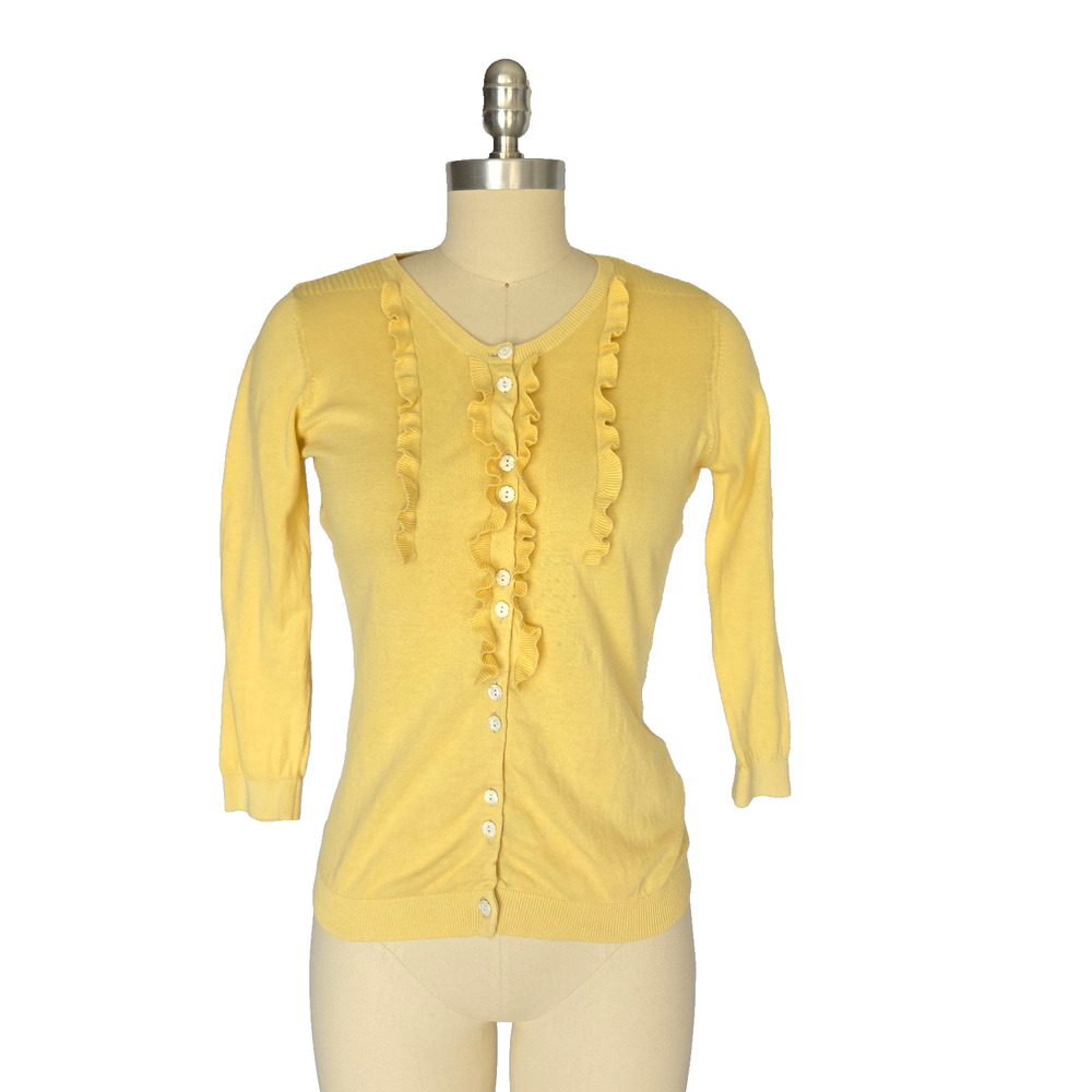 Mastina Vintage Style Yellow Cardigan Size S 36 Ruffle Front 3/4 Sleeve Coquette